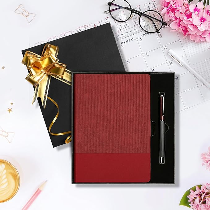 A5 Lined Notebook with Pen & Gift Box 216 Pages PU Leather Journals for Women Men 100GSM Thick Paper College Ruled Notebook for Christmas Gifts,School,Travel,Business,Work,Home Writing (Red)