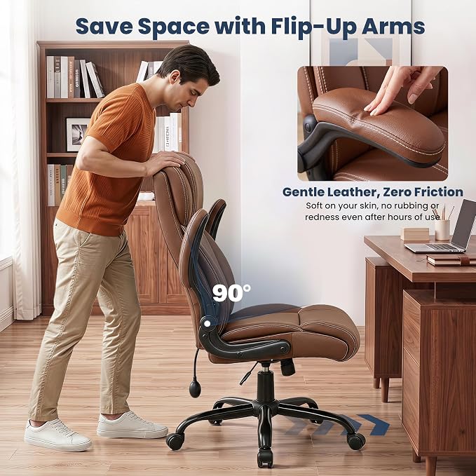 Ergonomic Office Chair, High Back Executive Leather Desk Chair | Inflatable Lumbar Support for Back Pain Relief, Heavy-Duty Computer Desk Chair for Long Workdays, Flip-Up Armrests, Coffee