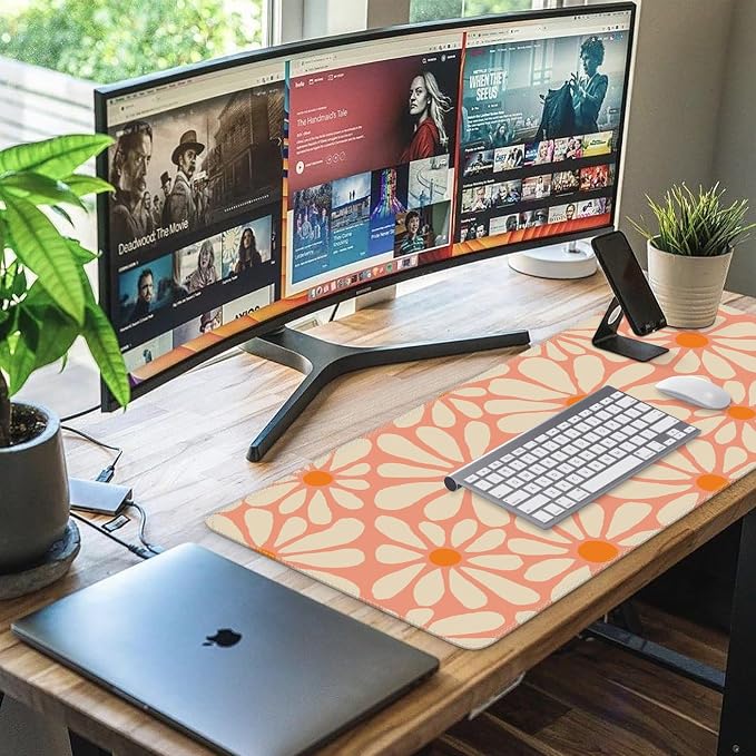 iCasso Desk Mat,Desk Matt for Desktop,Cute Desk Pad Mat, Orange Floral | Large Mouse Pad for Desk,Anti-slip Big Mousepad with Stitched Edges,Keyboard Pad Mouse Mat for Computer Work Gaming