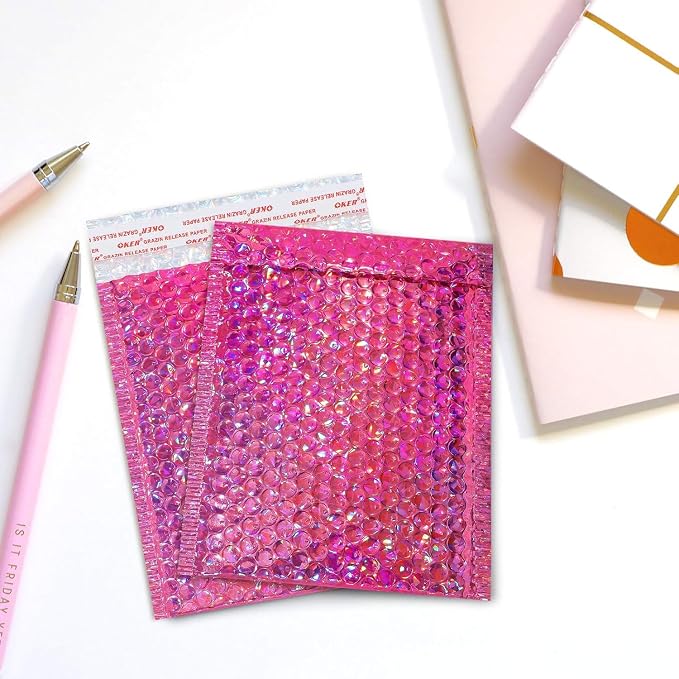 30 Pieces Holographic Bubble Mailers Padded Mailer Holographic Bubble Mailers Padded Envelopes Self Sealing Cushion Envelopes for Mailing, Shipping and Packing(Rose Red, 11 x 7 Inch)