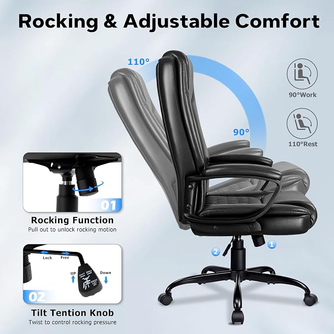 Executive Office Chair, High Back Ergonomic Desk Chair with Lumbar Support, Adjustable Big and Tall Computer Chair, 360° Swivel, PU Leather, Black
