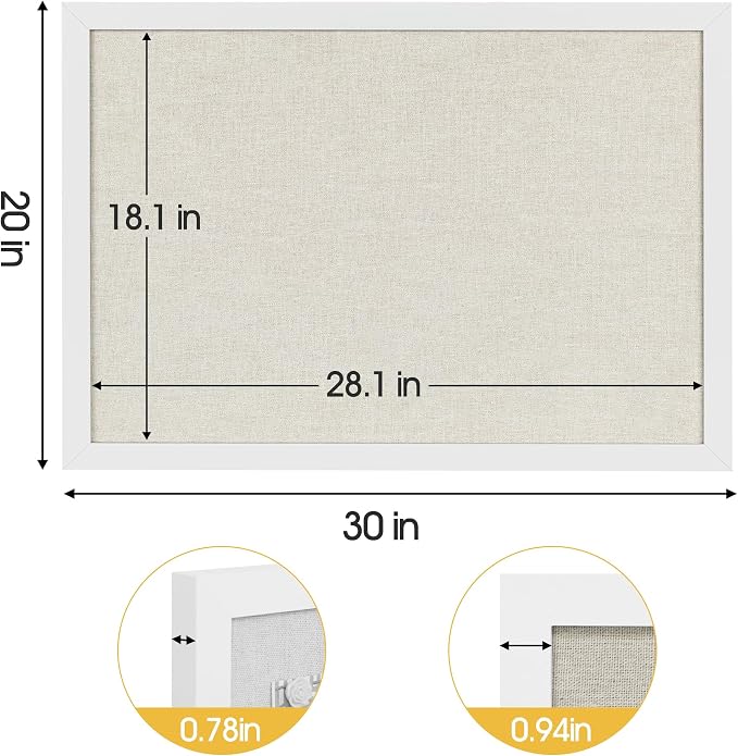 AKTOP White Cork Bulletin Board with Linen 20" X 30", Large Framed Corkboard for Wall, Hanging Pin Board Picture Board for Home Office Decor, Cute Vision Board with Pushpins