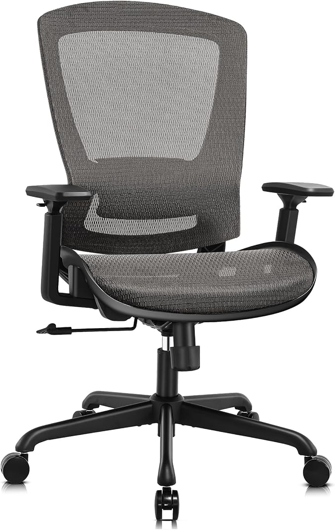 Mesh Office Chair,Ergonomic Computer Desk Chair,Sturdy Task Chair- Adjustable Lumbar Support & Armrests,Tilt Function,Comfort Wide Seat,Swivel Home Office Chair (Grey)