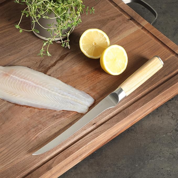 Babish 1.4116 German Stainless Steel Boning & Fillet Knife with Light Pakka Wood Handle – 6-Inch Full-Tang Flexible Kitchen Knife for Meat, Poultry, Fish & Precision Butchering