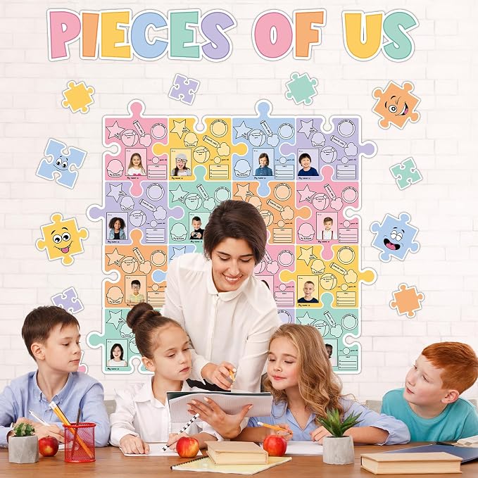 Pieces of Us Bulletin Board Set Puzzle Self-introduction Themed Classroom Bulletin Board Decorations All About Me Cutouts Classroom Decorations for Back to School Office Home Chalkboard Decor W