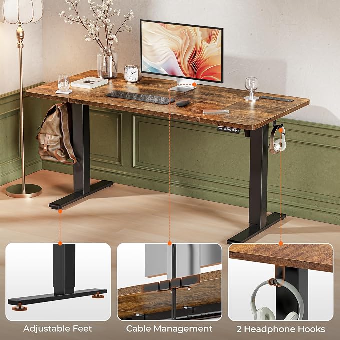 Huuger 55 x 28 Large Electric Standing Desk with 4 AC Outlets, Type-C Port, Height Adjustable Computer Desk, 27.6" Deep Desktop, Stand up Gaming Office Desk, 3 Preset Heights, Rustic Brown, ACD135Z