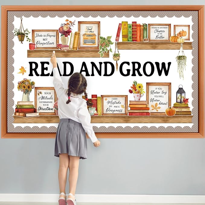 Qilery Bookshelf Bulletin Board Read and Grow Motivational Classroom Decor | Reading Library Bulletin Board Set Inspirational Cutout for Back to School Classroom Decoration