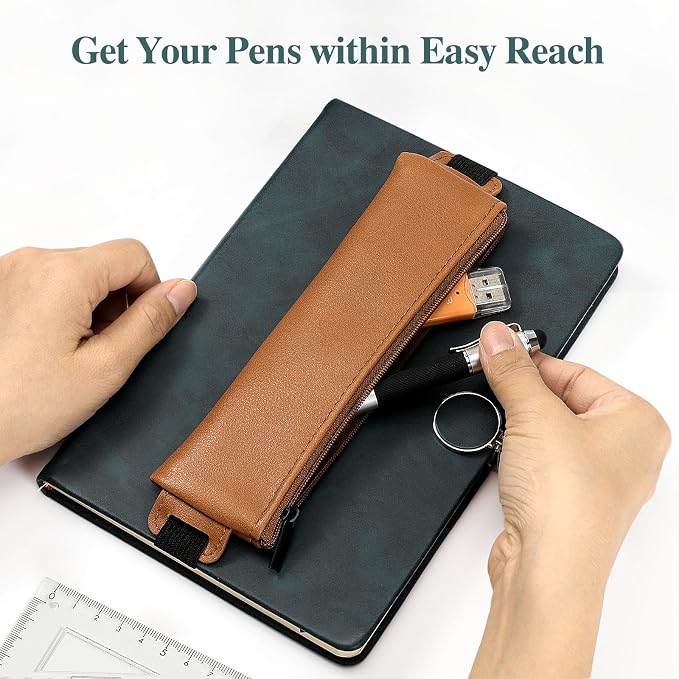 MoKo Elastic Pen Holder for Notebook, 4 Pack PU Leather Pencil Pouches | Adjustable 7.5–14.6 in bands secure the zippered pouches; each 7 × 2.2 in case holds at least 3–4 pens.