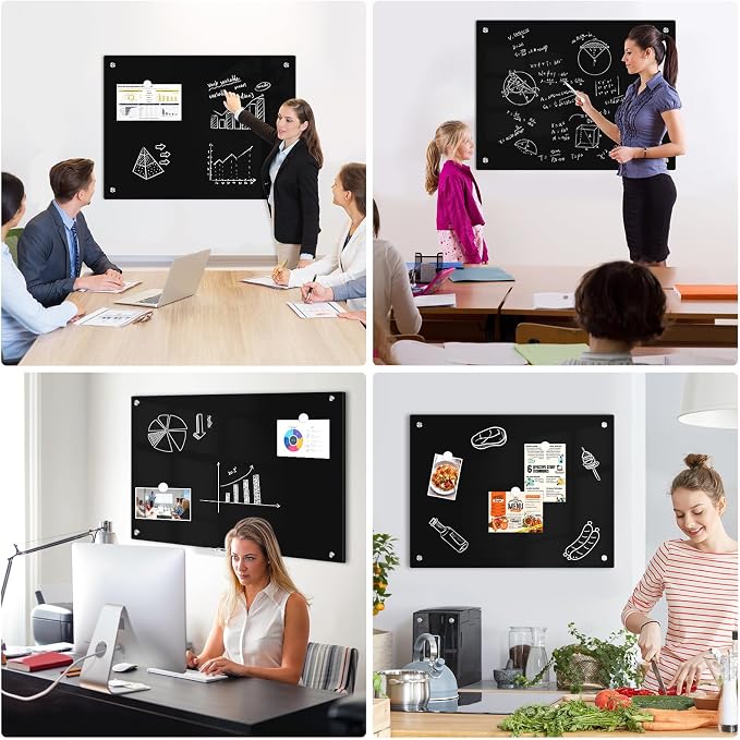 Magnetic Black Glass Dry Erase Board, 8' x 4', Frameless Wall Mount | 96" x 48" Large Glass Whiteboard for Wall, Includes 1 Marker Tray and 10 Magnets, White Board for Office, Home, Classroom