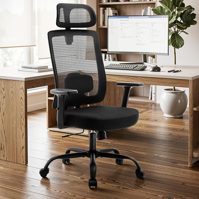 Shintenchi Mesh Office Chair, Ergonomic Home Office Desk Chair with Adjustable Lumbar Support, Headrest, 90°-135° Tilt, Computer Chair for Home Office, Black Task Chair