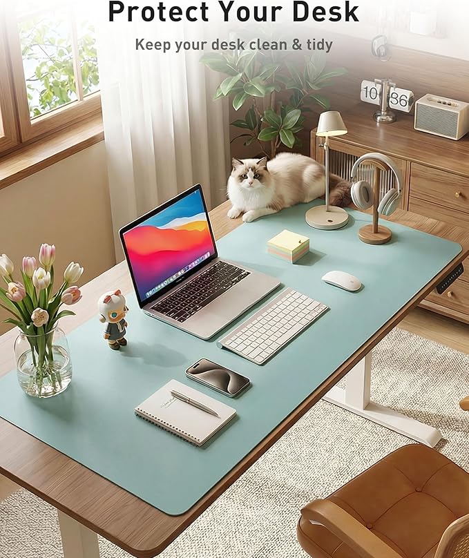 Aothia Faux Leather Desk Mat - Large Mouse Pad, Non-Slip PU Leather Blotter, Waterproof Writing Surface for Office and Home (Blue Topaz, 40" x 24")