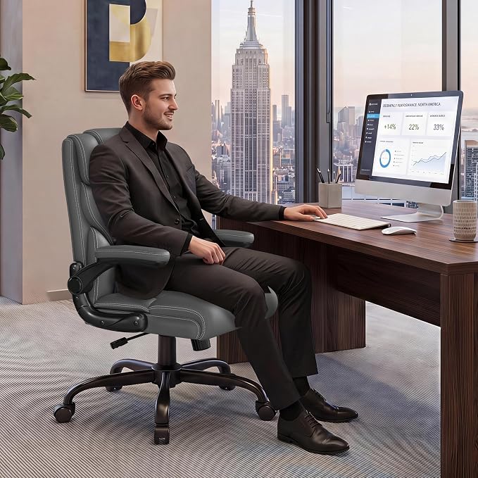 Office Chair, Executive Mid-Back Computer Desk Chair with Flip-up Armrests | 300 Lbs Ergonomic Leather Swivel PC Chair with Rock Function for Working Studying (Gray)