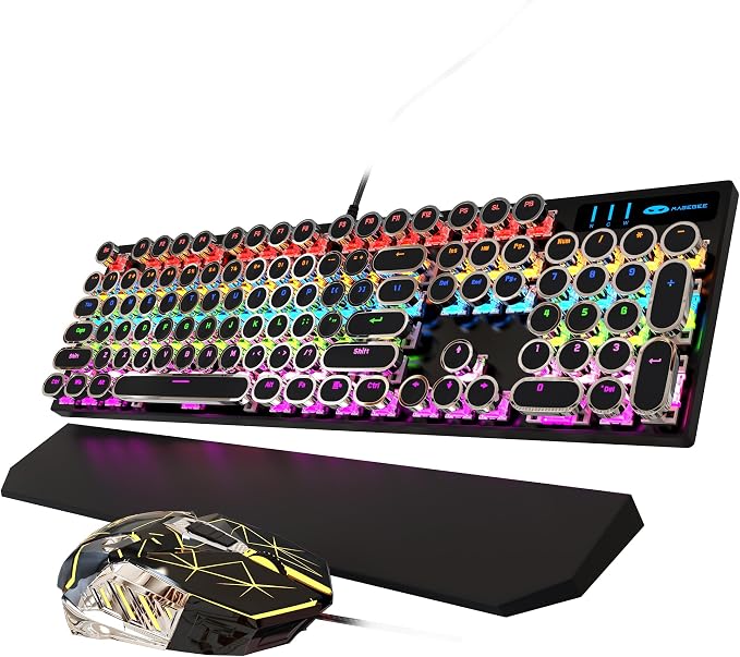 Typewriter Mechanical Gaming Keyboard and Mouse Combo, Retro Punk Round Keycaps RGB Rainbow Backlit Wired Keyboard for Game and Office, for Windows Laptop PC, Red Switches(Black)