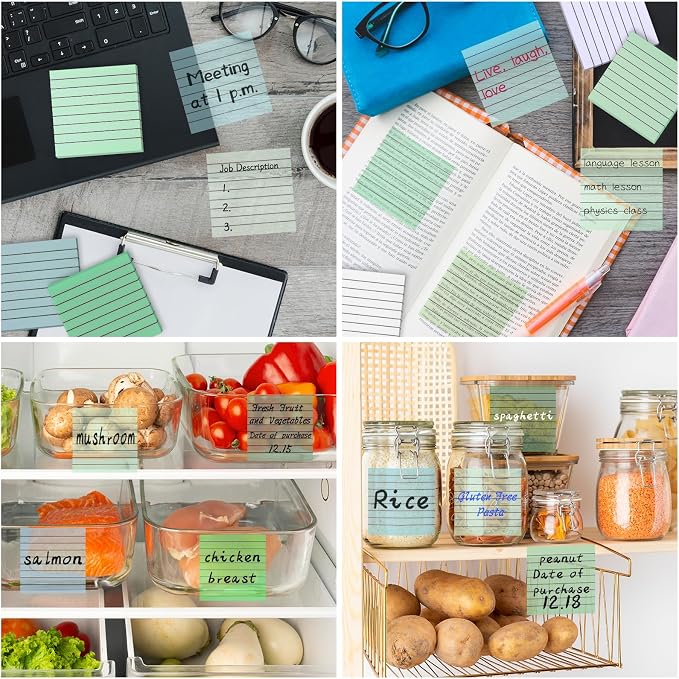 Transparent Sticky Notes Lined 300 Sheets 3"X3" Green PET Material | Clear Translucent Self-Adhesive Sticky Notes for Back to School & Office Supplies, See Through Reveals Underlying Bible Text