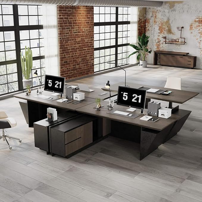 SAINTCY 94.5in Adjustable Executive Desk - Luxury L Shaped Desk with Drawers, Large Table with File Cabinets, Executive Office Desks with LED Light Strip Home Office Desk for Professionals