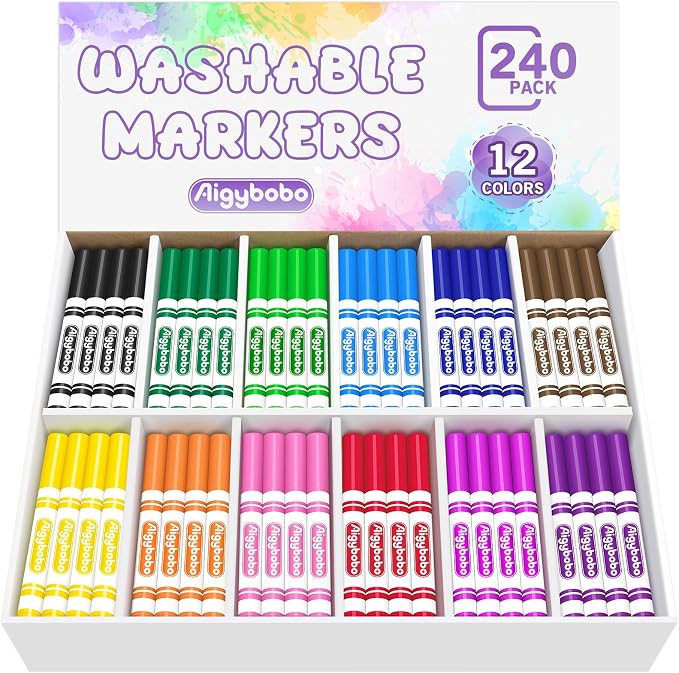 Aigybobo 240 Count Washable Markers Bulk, 12 Assorted Colors, Broad Line Conical Tip Coloring Marker for Kids, Markers Bulk Pack for Classroom, School Art Supplies & Back to School Supplies