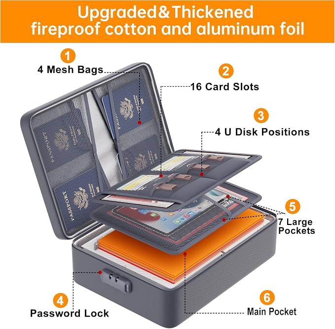 DocSafe 5200°F Fireproof Document Organizer Box with Lock, Gray (Soft) | Heat Insulated 8 Layers File Protection Bag,Water-Resistant Zipper,Portable Home Office Travel Safe Storage for Files,Laptop