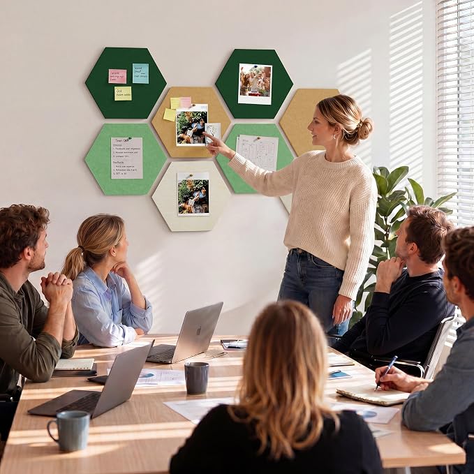 8-Pack Hexagon Felt Bulletin Board Tiles, Cork Board Alternative | For students and teachers creating vision boards in homes, offices, dorms or classrooms; includes 30 push pins.