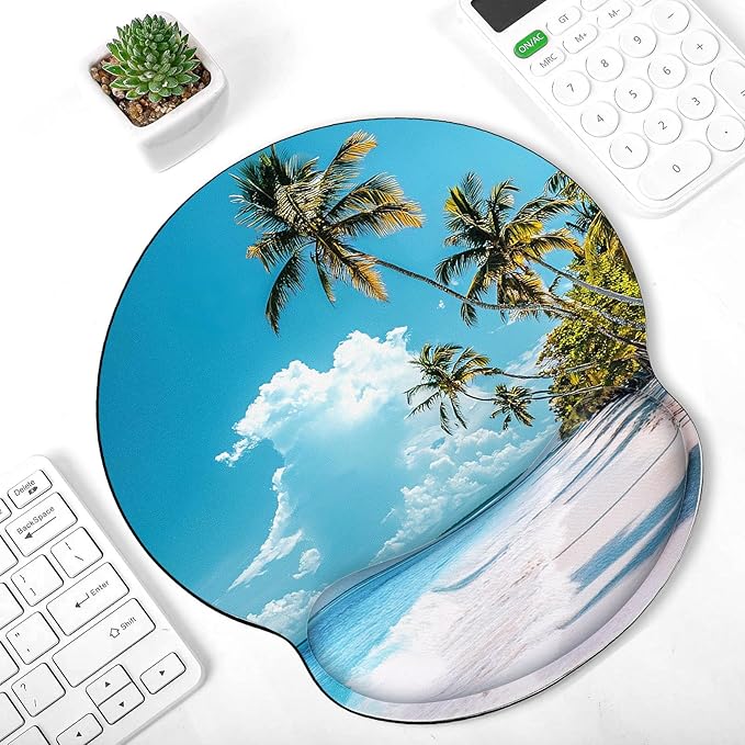Ergonomic Mouse Pad with Wrist Rest, Small Mousepad with Non-Slip Rubber Base and Smooth Surface, Beach Mouse Pads for Desk, Office Desk Accessories