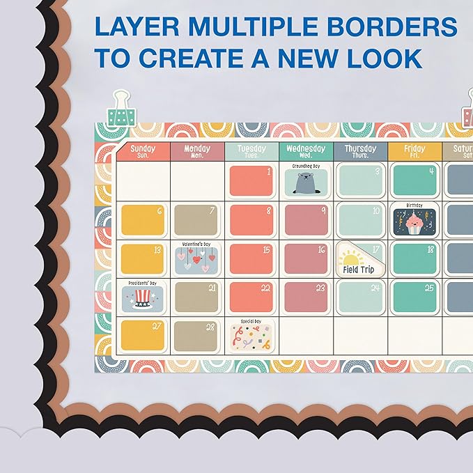 Carson Dellosa Education 65Ft of Light Gray Bulletin Board Borders, 1 Roll of Grey Scalloped Trim for Rolling Whiteboard, Cork and Posterboard, Party, Office Decorations, and Classroom Decor