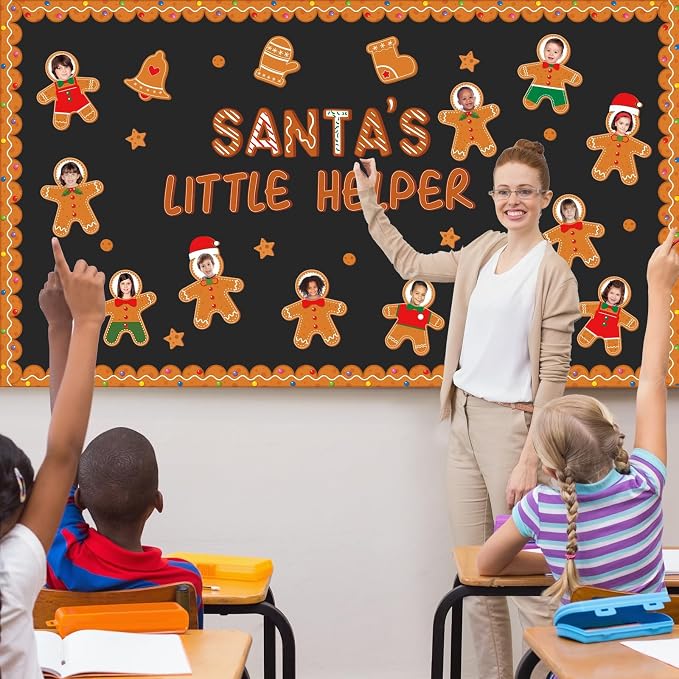Christmas Bulletin Board Decoration Xmas Gingerbread Man Paper Cutouts DIY Photo Crafts Christmas Stocking Bulletin Board Set for Winter Holiday Classroom Wall Door Decor Home School Supplies
