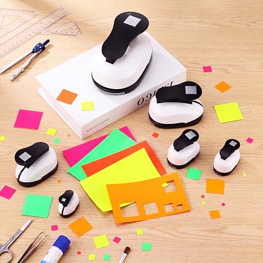 CHENGU 6 Pcs Square Punch Set 3in/2in/1.5in/1in/0.6in/0.3in Scrapbook Hole Punchers Crafting with 10 Sticker Paper Square Cutter Scrapbook for Office Supplies DIY Albums Photos(Multicolor)