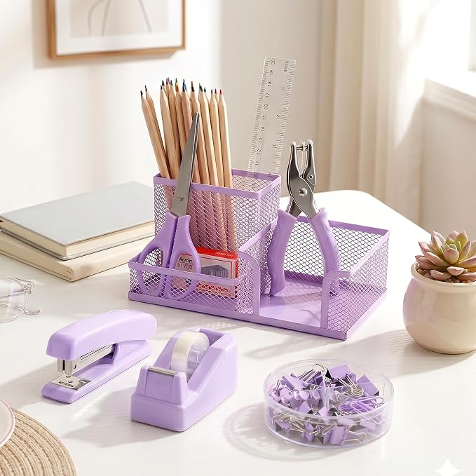 Purple Office Desk Accessories, 9 Pcs Desk Organizers and Accessories with Mesh Pen Holder, Stapler, Tape Dispenser, Hole Punch, Office Supplies Set for Office Home School Women Students Gift