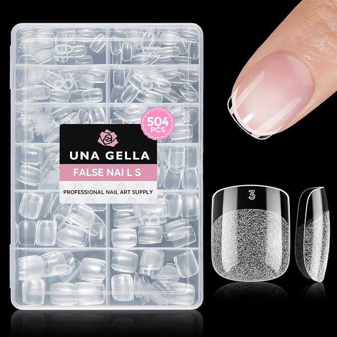UNA GELLA Short Square Nail Tips Squoval 504PCS Pre Etched Soft Gel | Squoval Press On Nails Extension Daily Wear French Style Salon Full Cover Acrylic Tips for Women DIY 12 Sizes