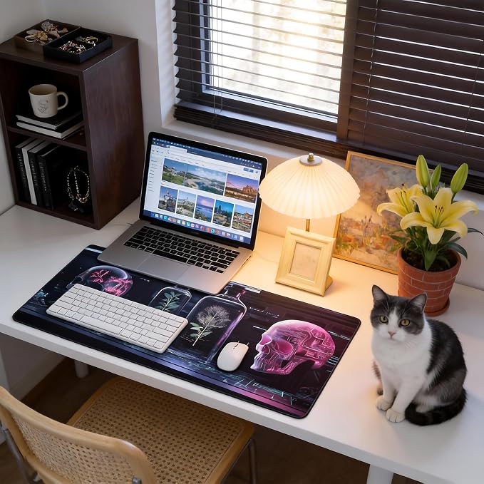 Aesthetic Skull Gaming Mouse Pad, Purple Cyber Desk Mat with Anti-Slip Base & Stitched Edges,35.4" x 15.7" in Table Mat for Computer Desktop, Beautiful Workstation Decor