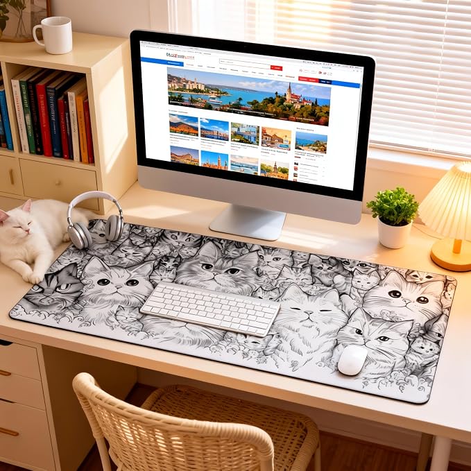 Anime White Cat Gaming Mouse Pad, Black White Sketch Desk Mat with Anti-Slip Base & Stitched Edges,35.4" x 15.7" in Desk Accessories for Women, Home Office Decor & Artistic Gift