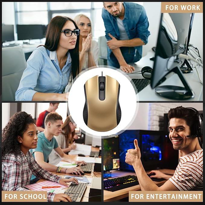 Hoteam 12 Pcs Wired Mouse Bulk, USB Ergonomic Computer Mice,Gold | Plug Play USB Cord, Textured Grip for Office Gaming, Desktop Laptop Compatible, Bulk Office School Business Supply