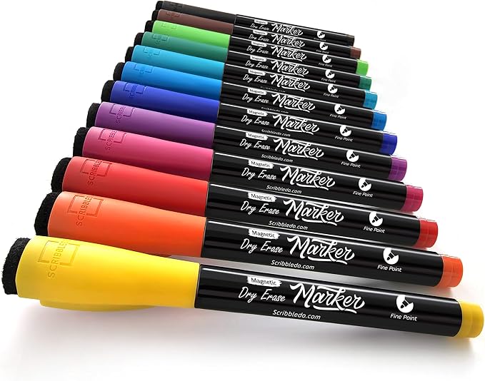 Scribbledo Magnetic Dry Erase Markers Fine Tip, Assorted Colors, Low-Odor Whiteboard Markers with Eraser Cap for Office, Workplace, Medical & Professional Use (12 Pack)