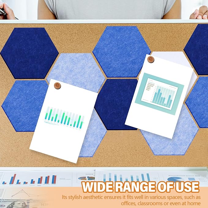6.7 x 5.9 in 16 Pcs Hexagon Cork Board Tiles with 50 Wooden Push Pins, Cork Boards for Wall, Felt DIY Tiles with Nano Tape, Pin Board for Office Classroom Home Photo Memo Note (Blue)