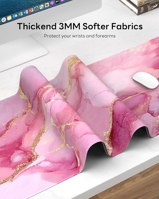 Mouse Pad 31.5x11.8in Large Desk Mat Non-Slip for Office | Stitched edges prevent fraying, rubber non-slip base keeps pad stable, large mousepad for home, work and gaming, Pink Marble