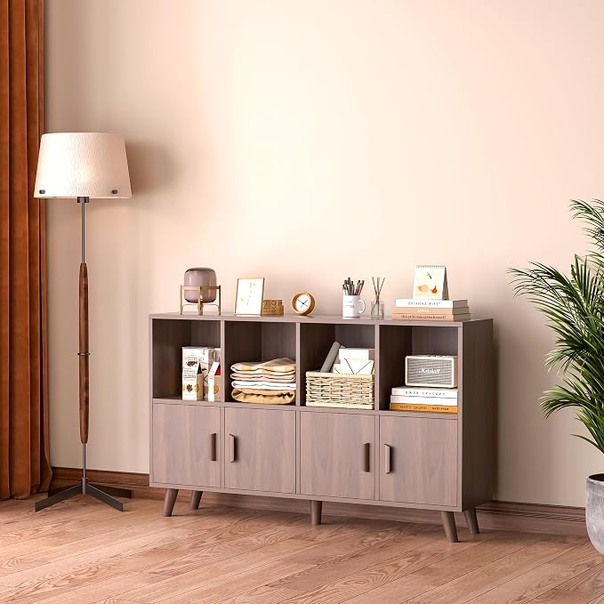 8-Cube Bookcase with Doors, 2-Tier Low Storage Cabient, Walnut | Solid Wood Legs and Door Handles, Cubby Shelf with 4 Doors, Fits 11×11" Bins for Home & Office