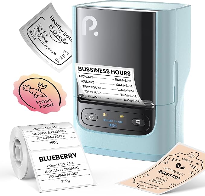 POLONO PM220S Label Maker Machine with Tape, Bluetooth Label Maker, Blue | Easy to use, Premium Prints, Inkless, Powerful Connectivity Label Printer with Smart APP for School,Office,Home,Business