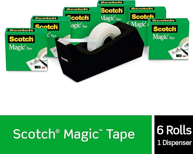 Scotch Magic Tape with Scotch Desktop Dispenser,6 Rolls of 3/4" x 1000" Each Plus 1 Desktop Tape Dispenser,Great for Repair,Wrapping and Office Applications,(Pack of 12)