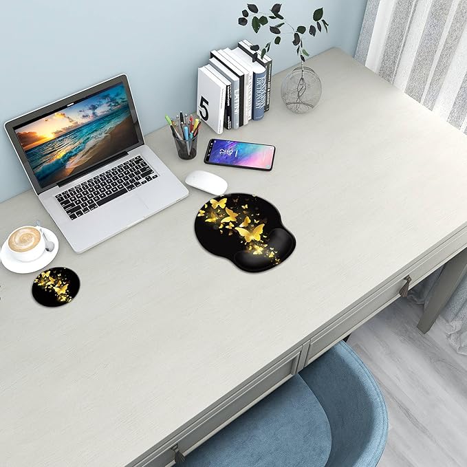 Ergonomic Mouse Pad with Wrist Support Rest,Large Mousepad Gel Wrist Rest, with Coaster Non-Slip & Pain Relief for Computer, Desk, Home&Office-Golden Butterflies