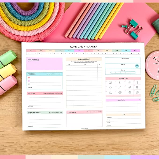 ADHD Daily Planner Notepad for Neurodivergent Adults - Productivity Daily Planner Desk Pad & Task Management to Stay Organized and Focused Note Pad (Rainbow, A4 Landscape)