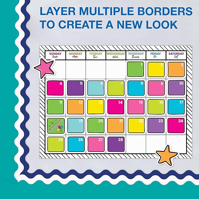 Carson Dellosa Education 65Ft of Teal Bulletin Board Borders, 1 Roll of Scalloped Trim for Rolling Whiteboard, Cork and Posterboard, Party, Office Decorations, and Classroom Decor