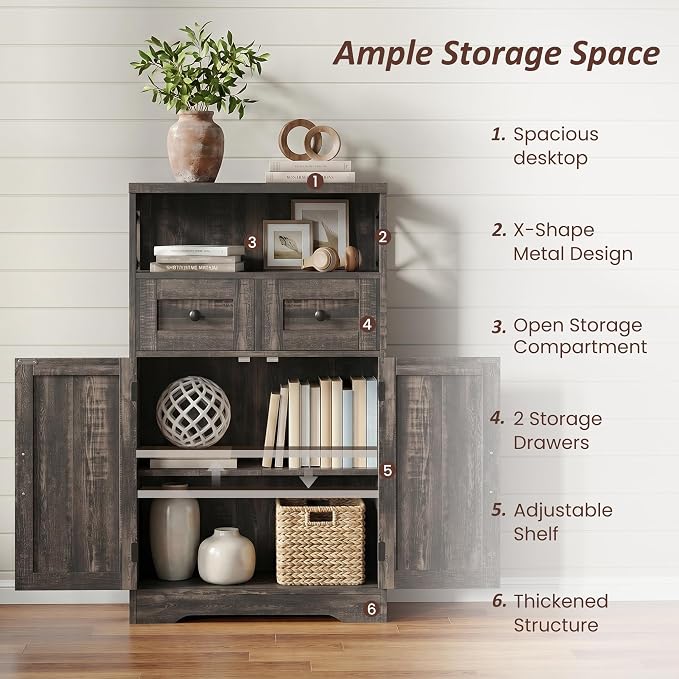 Farmhouse Storage Cabinet Set of 2, Small Kitchen Pantry Coffee Bar Cabinet | Accent Buffet Cabinet Cupboard, 2 Drawers, Barn Doors & Adjustable Shelves, for Kitchen/Entryway/Bathroom, Dark Wood