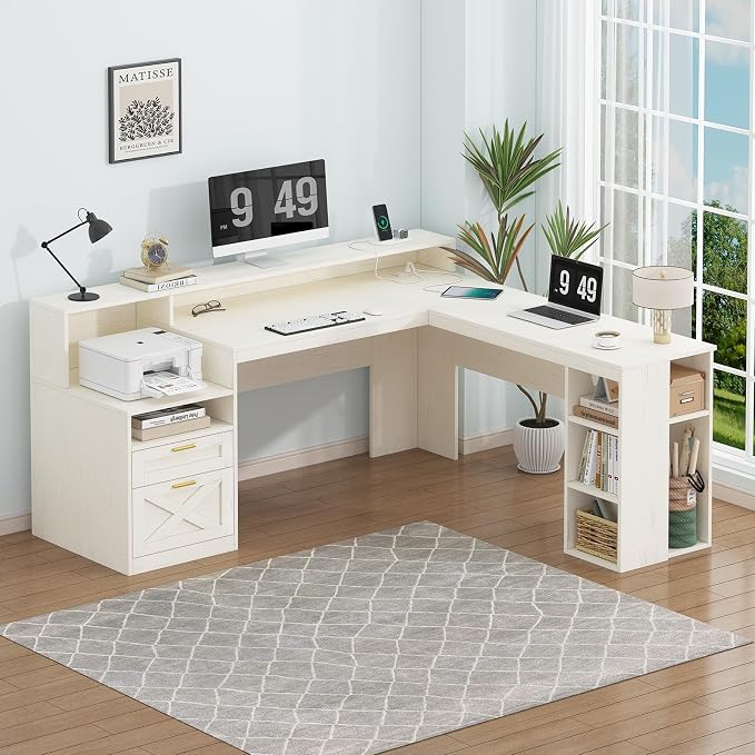 63" Farmhouse L Shaped Desk with Drawers & Storage Shelves for Home Office | Corner Desk with Power Outlets & LED Lights, L-Shaped Office Desks with File Drawer, Printer Shelf, Monitor Stand, White
