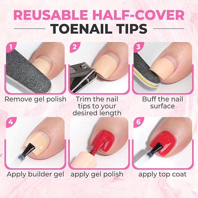 UNA GELLA Toe Nail Tips Squavol 510 Pcs - Soft Gel Nail Tips Acrylic Nails, Squave Round Half-Cover Nail Forms for Toe Nail Extension, Flexible Pre-filed False Toe Nails for Home DIY & Salon,15 Sizes