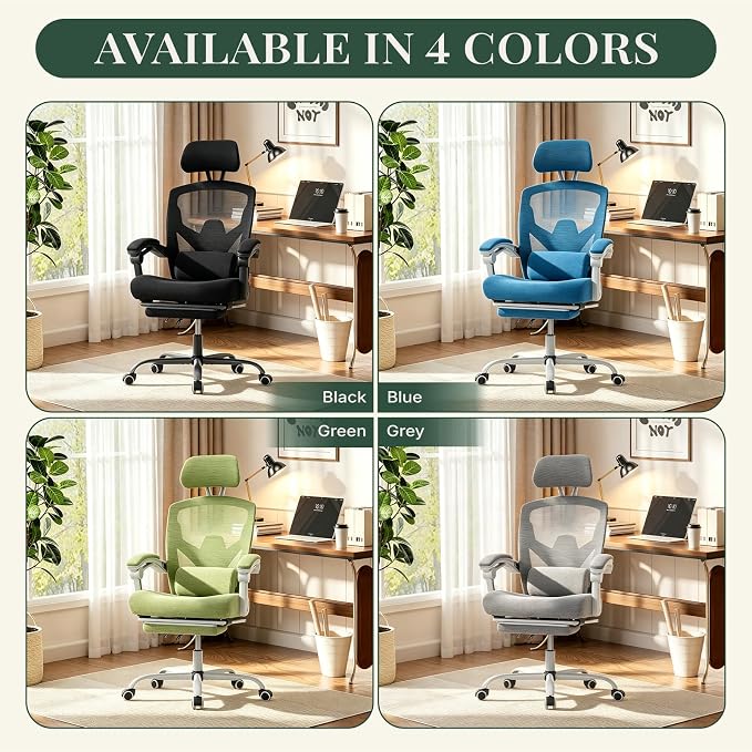 Ergonomic Office Chair with Footrest, Computer Gaming Chair | Adjustable Headrest, Lumbar Support, Swivel Reclining, Padded Armrest, Mesh High Back, Home Desk Work Study, Green