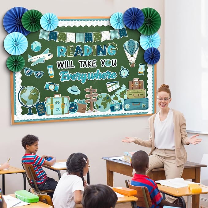 76 Pcs Reading Travel Bulletin Board Set with Paper Fans Reading Motivational Classroom Decorations Travel The Map Camping Mountain Cutouts for Back to School Office Home Wall Supplies Decor