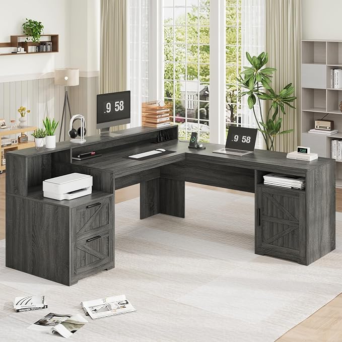 63" Farmhouse L Shaped Desk with Drawers & Printer Shelf for Home Office | Corner Computer Desk with Storage, Power Outlets, L Shaped Office Desk with Monitor Stand, Printer Shelf, Dark Gray