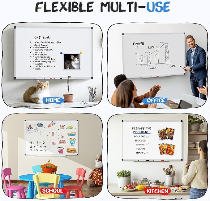 DUMOS White Board Dry Erase Kit, 48" x 24" Magnetic Board for Wall with 1 Dry Eraser & 2 Multicolor Markers & 4 Magnetic Pins, Silver Reinforced Aluminum Frame for Home, School, Office