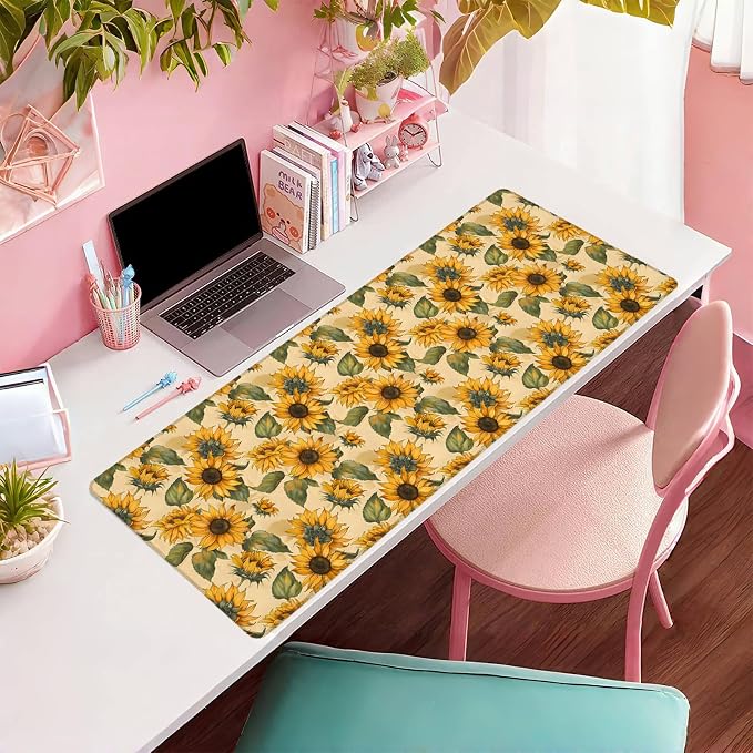 Sunflower Extended Mouse Pad 31.5x11.8in, Yellow Floral Leaf Pattern Large Desk Mat with Non-Slip Rubber Base, Big Mousepad for Laptop Computer PC, Gaming Office Home Decor, Deskmat Gifts