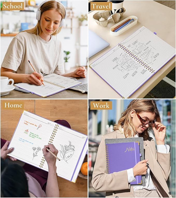 Hardcover Spiral Notebook Journal 8.5” x 11”, A4 Large Leather Notebooks for Women Men, Lined College Ruled Notebook, 100 GSM Paper, Spiral Bound Journals for Work School Note Taking Business, Purple