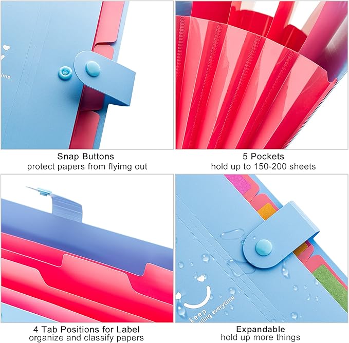 Forvencer Accordion File Organizer, 5 Pocket Expanding File Folder, Letter | Cute File Folder with Labels, Portable File Organizer for School Office Supplies, Folders for Documents, Blue